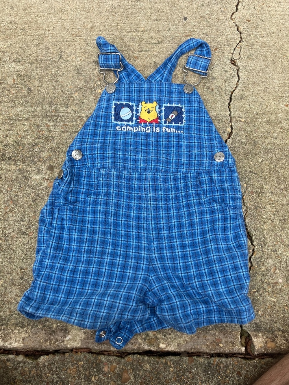 VTG Disney Winnie The Pooh Plaid Overalls Y2K 6-9 Months Camping Is Fun Cotton